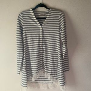 LOGO by Lori Goldstein Waffle Knit Striped Grey White Cardigan XS